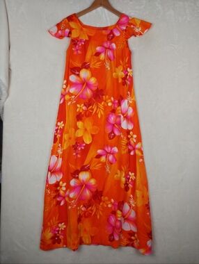 VTG 60/70s Made in Hawaii Maxi Dress 6 Orange Festival Boho Hippie Psychedelic